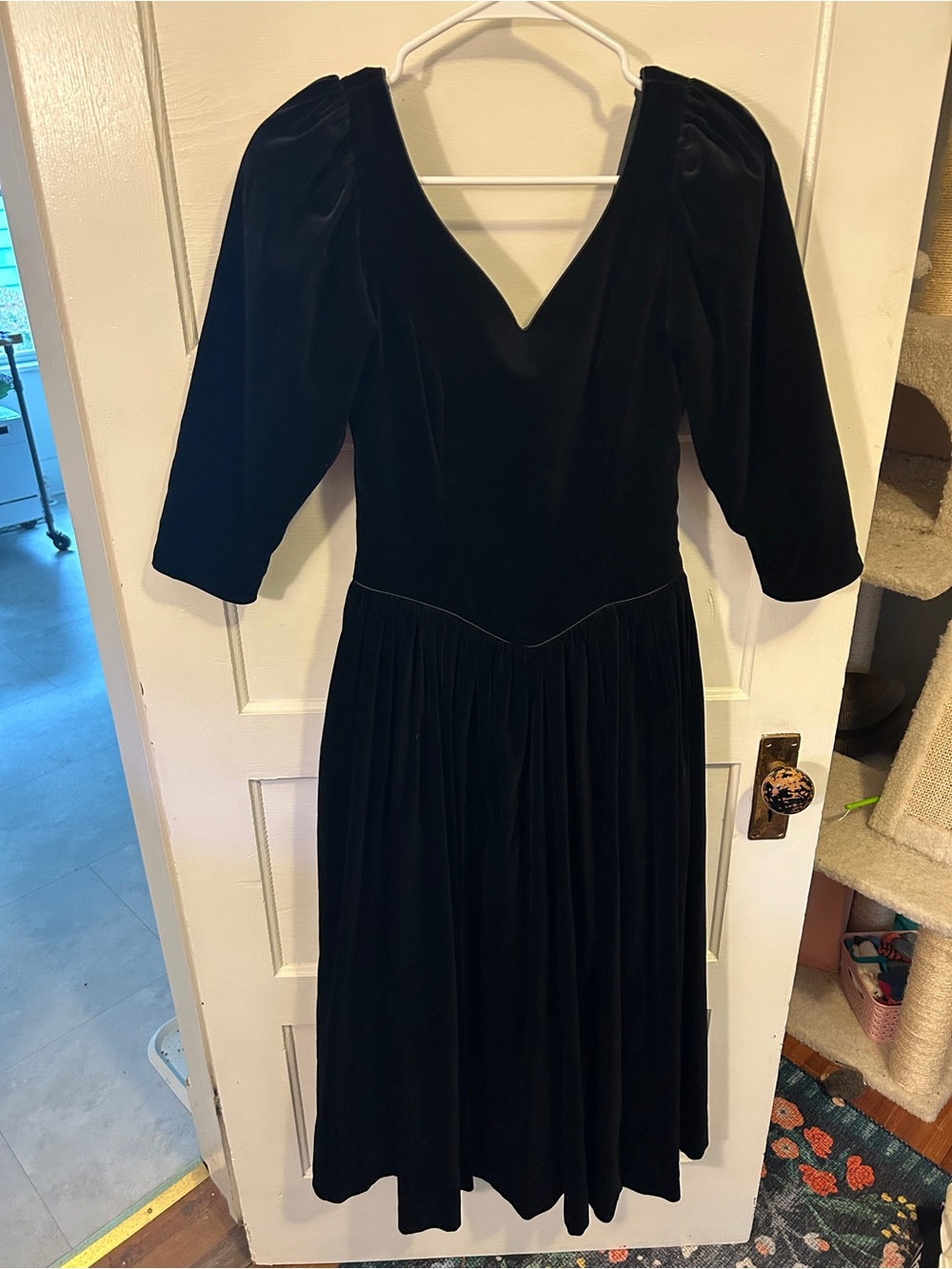 Laura Ashley Black Velvet V-Neck Midi Dress with Puff Sleeves